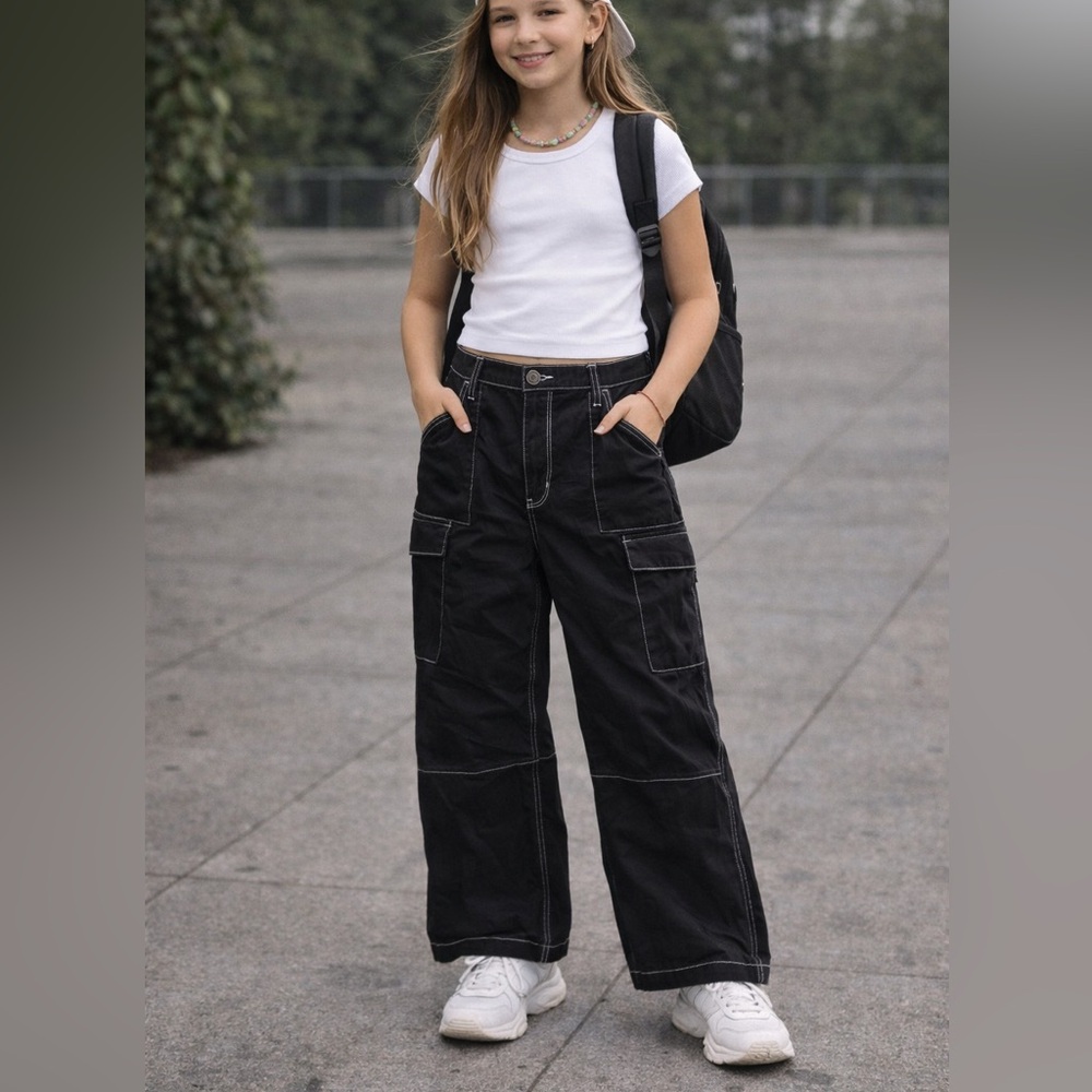 SO good for life, Wide leg High Rise Black Cargo Pants with white stitching LRG